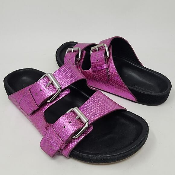 Isabel Marant Slide Sandal Women 6 Lennyo Fuchsia Pink Metallic Snakeskin Buckle - Picture 2 of 10